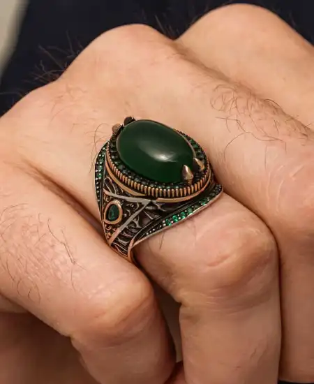 Gümüş Yeşil Akik Taşlı Erkek Yüzük