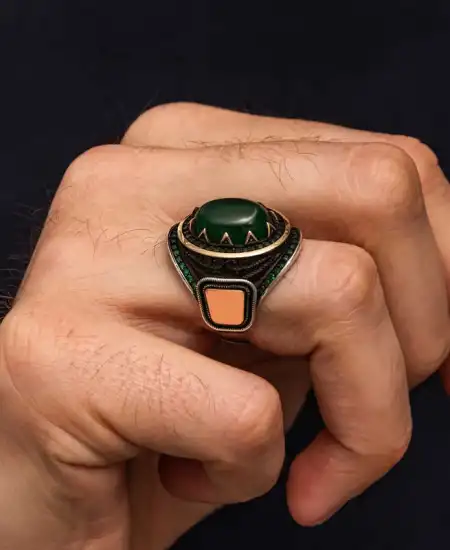 Gümüş Yeşil Akik Taşlı Erkek Yüzük