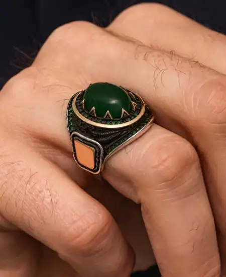 Gümüş Yeşil Akik Taşlı Erkek Yüzük