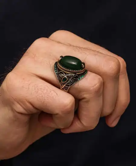 Gümüş Yeşil Akik Taşlı Erkek Yüzük