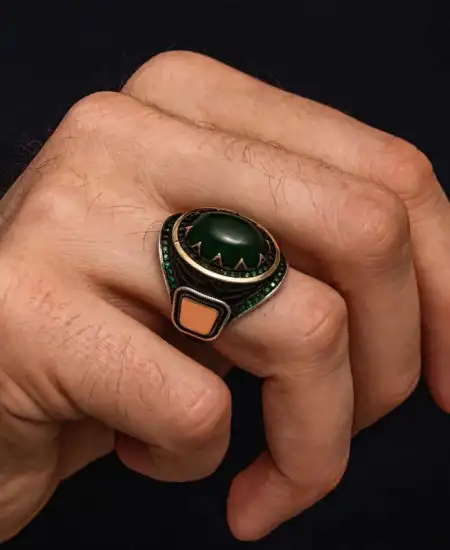 Gümüş Yeşil Akik Taşlı Erkek Yüzük