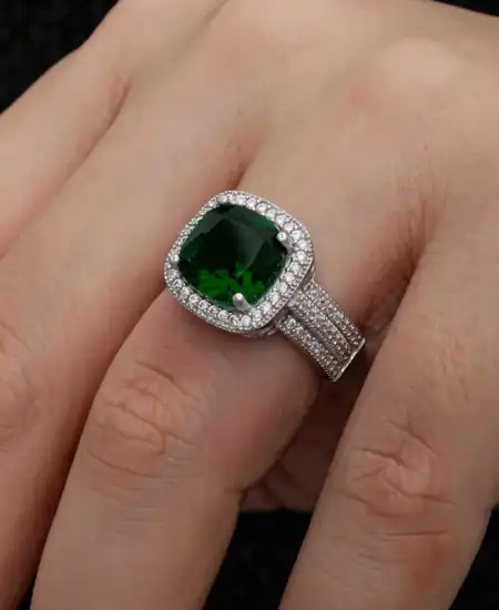 Gümüş Yeşil Baget Kare Kadın Yüzük