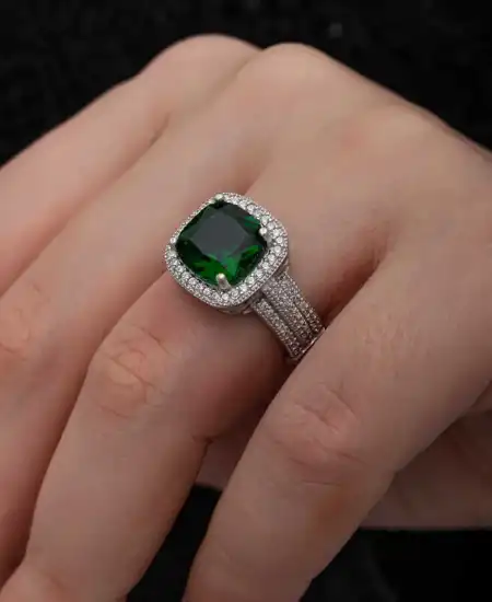 Gümüş Yeşil Baget Kare Kadın Yüzük