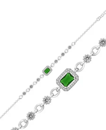 Gümüş Yeşil Baget Taşlı Bayan Bileklik