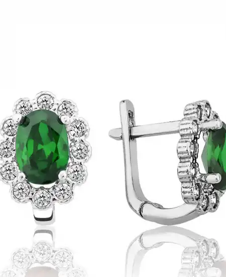 Gümüş Yeşil Çiçek Desenli J Kadın Küpe