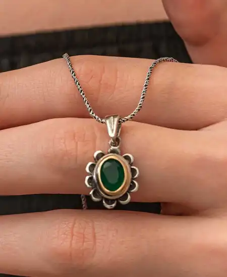 Gümüş Yeşil Çiçek Desenli Otantik Kadın Set