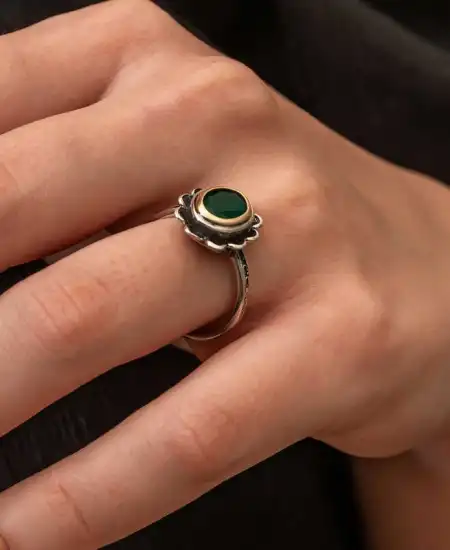 Gümüş Yeşil Çiçek Desenli Otantik Kadın Yüzük