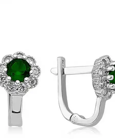 Gümüş Yeşil Çiçek Desenli Yuvarlak J Kadın Küpe