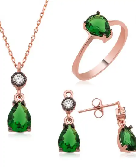 Gümüş Yeşil Damla Taşlı Bayan Set