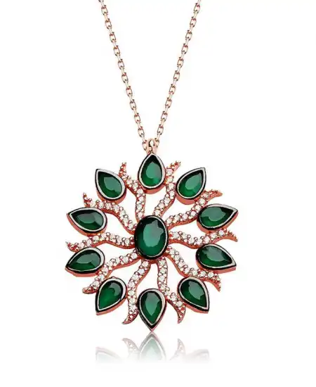 Gümüş Yeşil Güneş Bayan Kolye