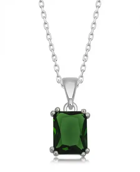 Gümüş Yeşil Zirkon Baget Taşlı Kadın Kolye