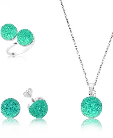 Gümüş Yeşil Kristal Taşlı Bayan Set