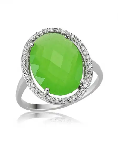 Gümüş Yeşil Oval Taşlı Bayan Yüzük