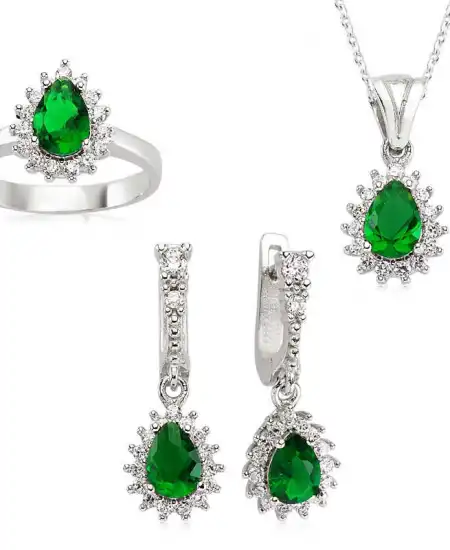 Gümüş Yeşil Taşlı Damla Bayan Set