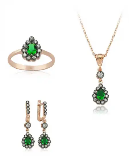 Gümüş Yeşil Taşlı Damla Bayan Set