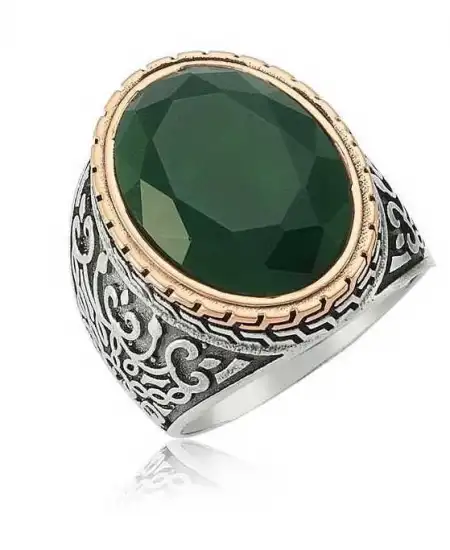 Gümüş Yeşil Taşlı Erkek Yüzük