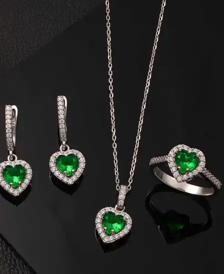 Gümüş Yeşil Taşlı Kalpli Kadın Set