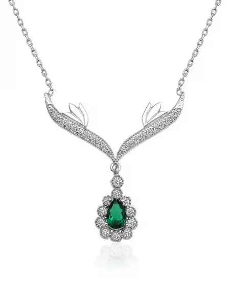 Gümüş Yeşil Taşlı Madalyon Bayan Kolye