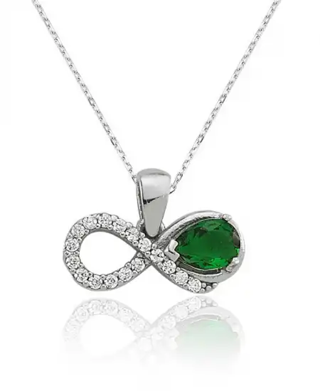 Gümüş Yeşil Taşlı Sonsuzluk Bayan Kolye
