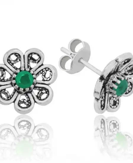 Gümüş Yeşil Telkari Çiçek Çivili Küpe