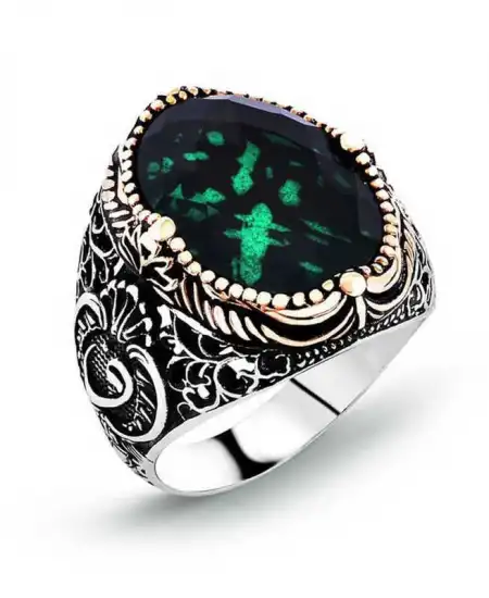 Gümüş Yeşil Zirkon Taşlı Erkek Yüzük