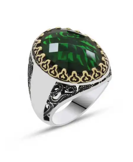 Gümüş Yeşil Zirkon Taşlı Erkek Yüzük