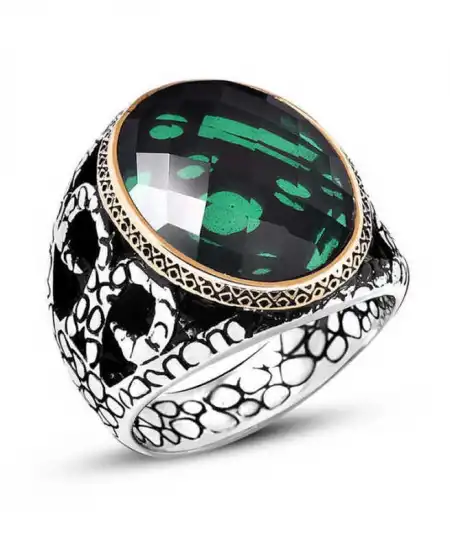 Gümüş Yeşil Zirkon Taşlı Erkek Yüzük