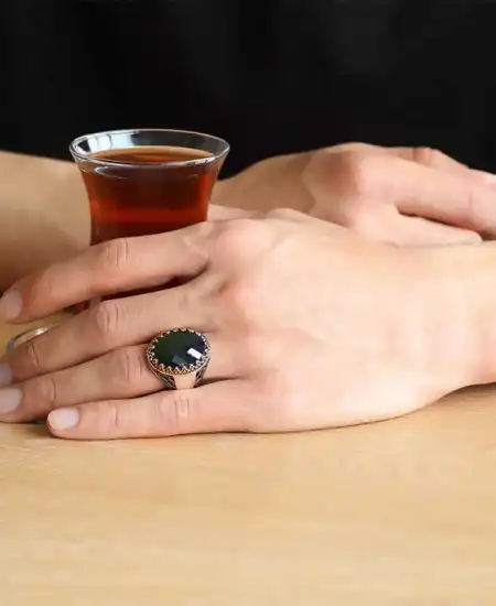 Gümüş Yeşil Zirkon Taşlı Erkek Yüzük