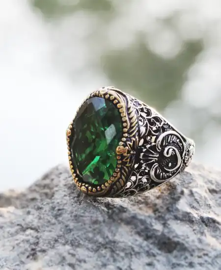 Gümüş Yeşil Zirkon Taşlı Erkek Yüzük