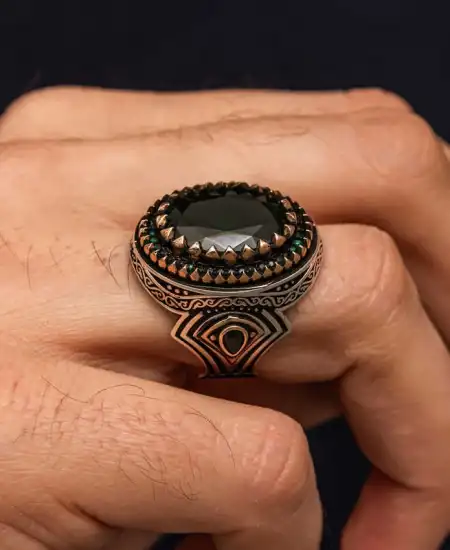 Gümüş Yeşil Zirkon Taşlı Erkek Yüzük