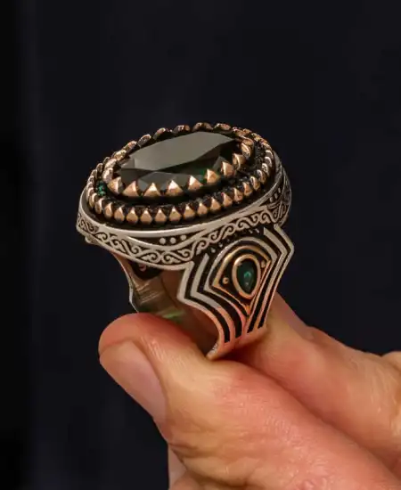 Gümüş Yeşil Zirkon Taşlı Erkek Yüzük