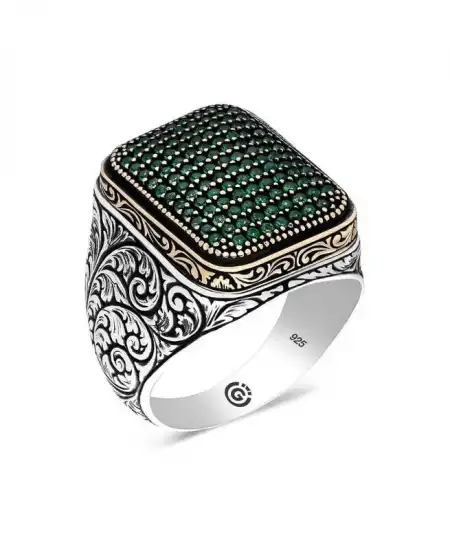 Gümüş Yeşil Zirkon Taşlı Kare Erkek Yüzük