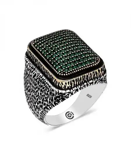 Gümüş Yeşil Zirkon Taşlı Kare Erkek Yüzük