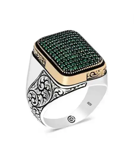 Gümüş Yeşil Zirkon Taşlı Kare Erkek Yüzük