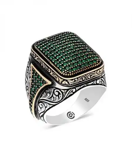 Gümüş Yeşil Zirkon Taşlı Kare Erkek Yüzük