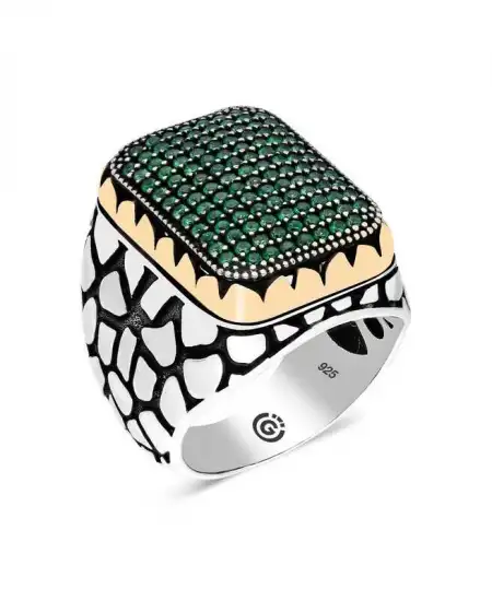 Gümüş Yeşil Zirkon Taşlı Kare Erkek Yüzük