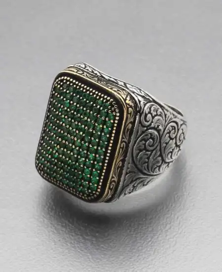 Gümüş Yeşil Zirkon Taşlı Kare Erkek Yüzük