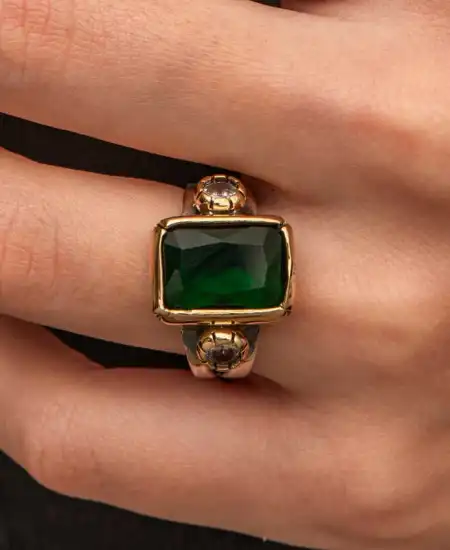 Gümüş Yeşil Zirkon Taşlı Otantik Kadın Yüzük