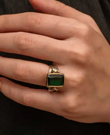 Gümüş Yeşil Zirkon Taşlı Otantik Kadın Yüzük