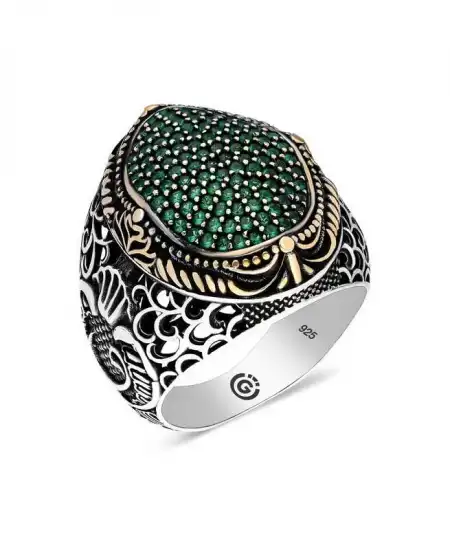 Gümüş Yeşil Zirkon Taşlı Oval Erkek Yüzük