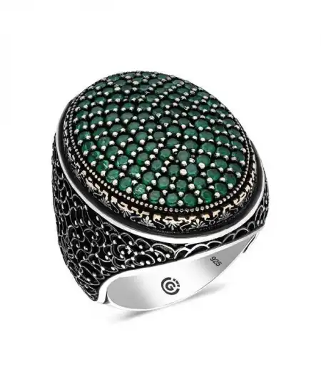 Gümüş Yeşil Zirkon Taşlı Oval Erkek Yüzük