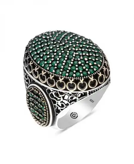 Gümüş Yeşil Zirkon Taşlı Oval Erkek Yüzük