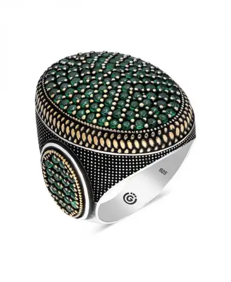 Gümüş Yeşil Zirkon Taşlı Oval Erkek Yüzük