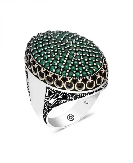 Gümüş Yeşil Zirkon Taşlı Oval Erkek Yüzük