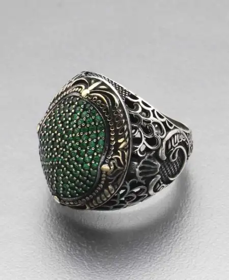 Gümüş Yeşil Zirkon Taşlı Oval Erkek Yüzük