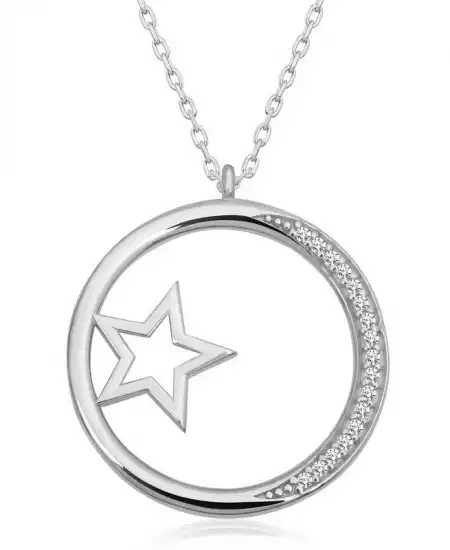 Gümüş Yıldız Detaylı Halka Kadın Kolye