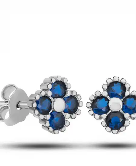 Gümüş Yonca Çivili Mavi Taşlı Çocuk Küpe