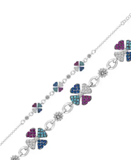 Gümüş Yonca Renkli Bayan Bileklik