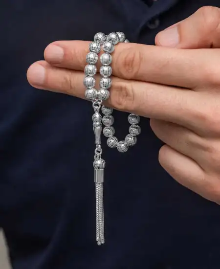 Gümüş Yuvarlak Çizgili Erkek Tesbih