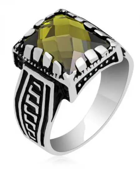 Gümüş Zeytin Yeşili Zirkon Taşlı Çocuk Erkek Yüzük